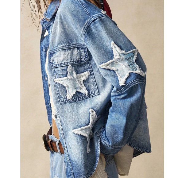 Western Light Wash Star Patchwork Pockets Denim Jean jacket - Picture 1 of 6